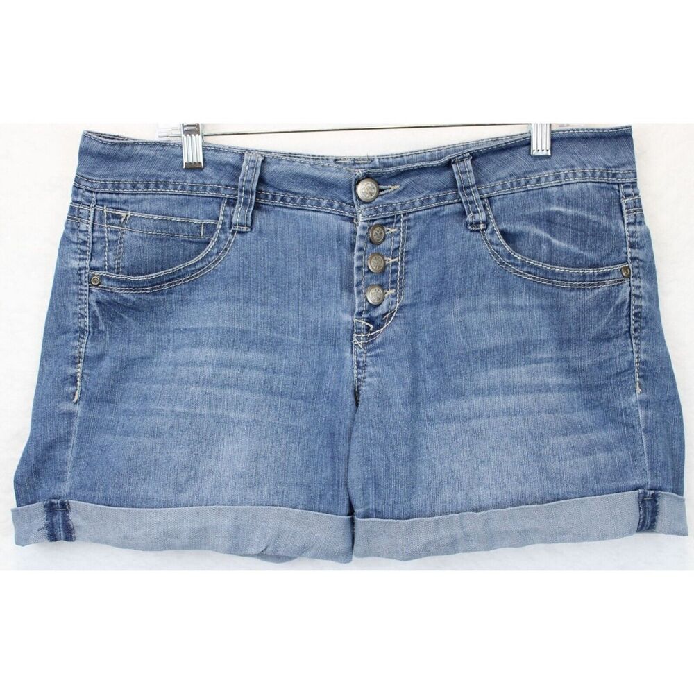 No Boundaries Jean Shorts Cuffed Hem Button Fly Jr. 13 Mid Rise Blue Hot Pant